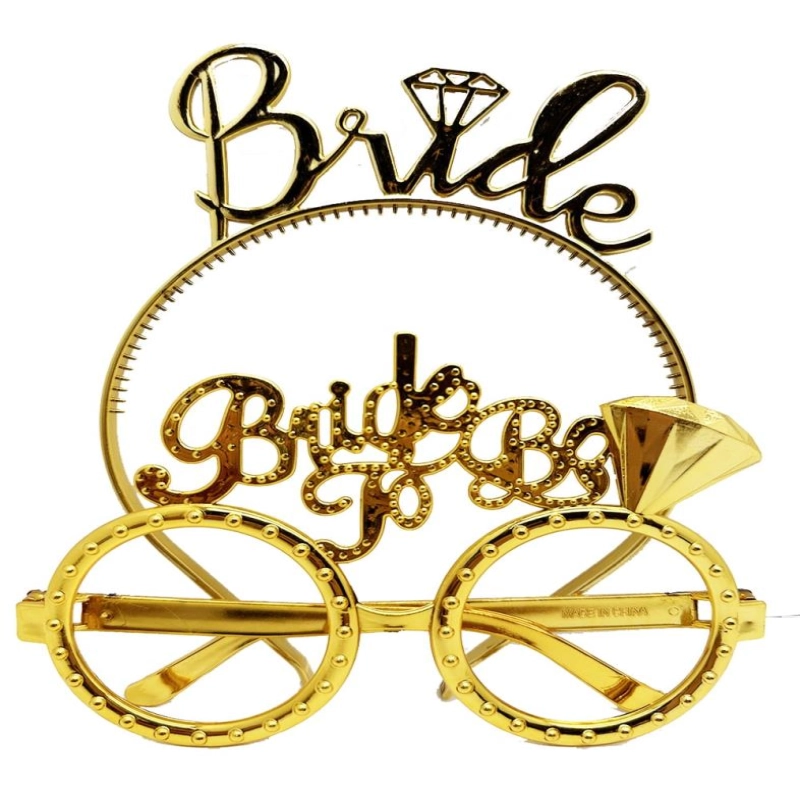 BrideYazılıTaçveBrideToBeYazılıGözlükSetiAltınRenk
