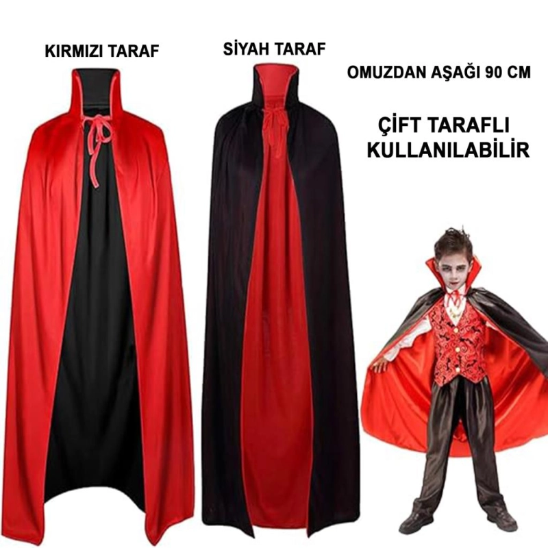 Çift Taraflı Kullanılabilir Siyah Kırmızı Kapişonlu Pelerin 90 cm Çocuk
