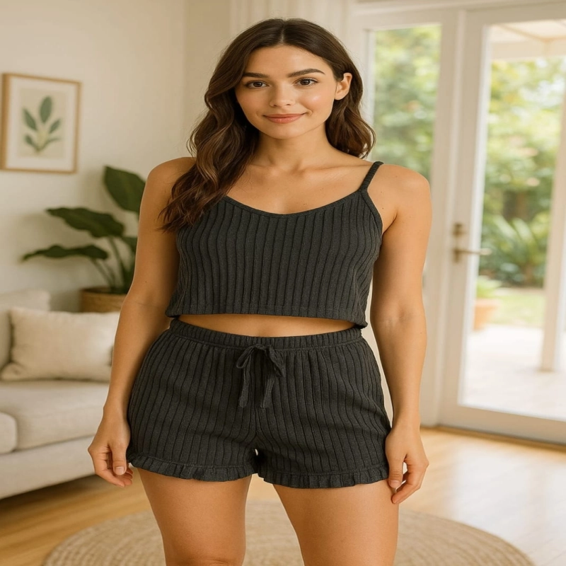 Crop Takım - Askılı Crop Takım Likralı Siyah (M)