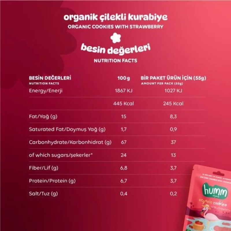Humm Organik Vegan Çilekli Kurabiye 55 Gr
