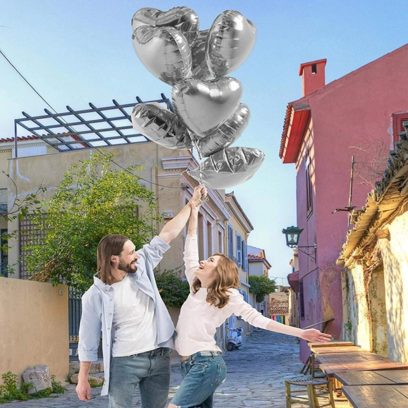 Metalize Parlak Gümüş Şekilli Kalp Uçan Balon Folyo 45 cm 10 Adet