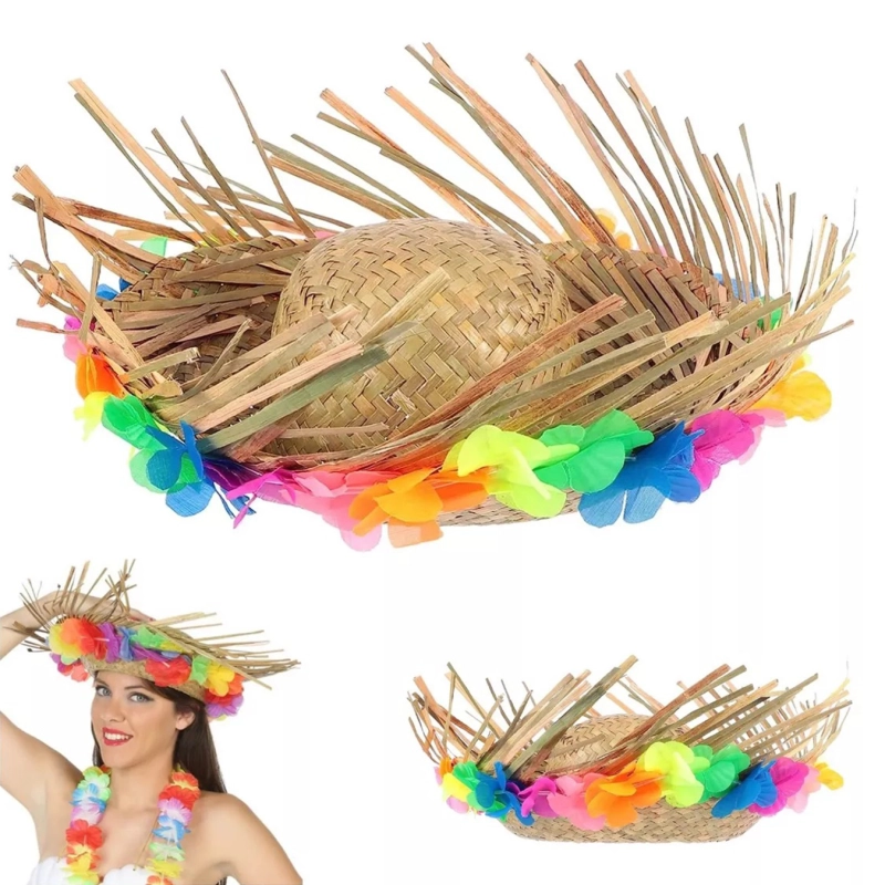 Natural Renkli Püsküllü Örme Hasır Hawaii Şapka