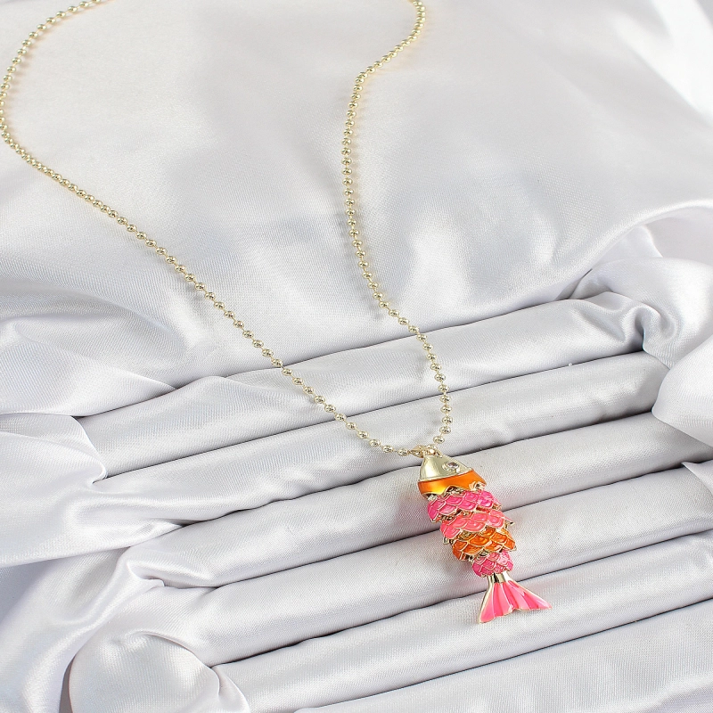 Pirinç Pembe Ve Turuncu Balık Model Zirkon Taşlı Gold Renk Kadın Kolye