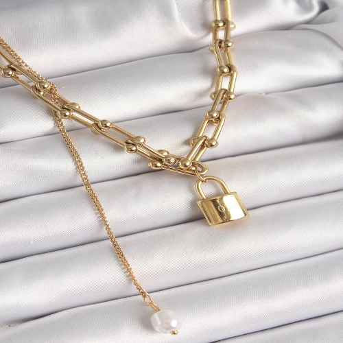316L Çelik Gold Renk Tiffany Zincir Model Kilit Figür Sallantı İnci Detay Kadın Kolye
