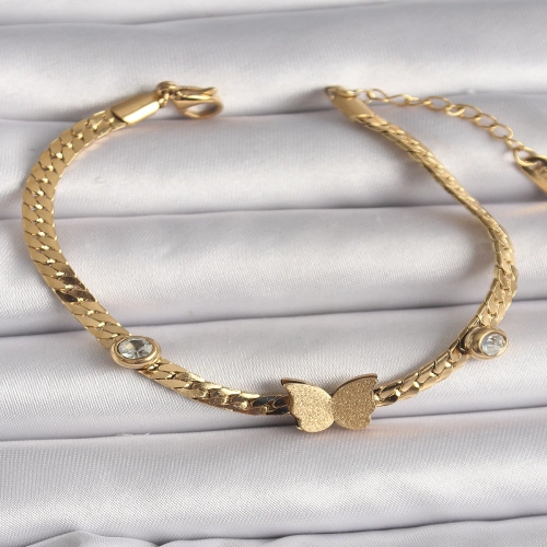 316L Çelik Gold Renk Yassı Zincir Zirkon Taşlı Simli Kelebek Figür Kadın Bileklik