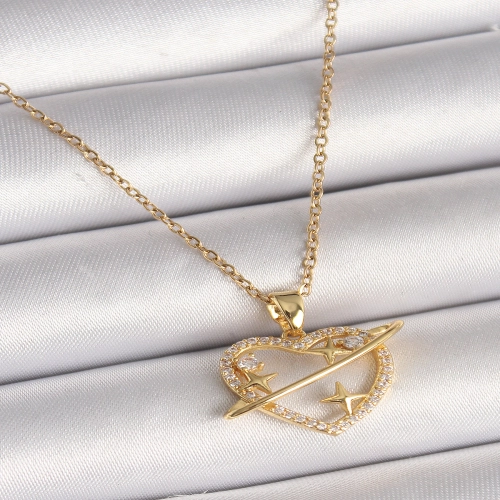 316L Çelik Gold Renk Zincir Zirkon Taşlı Kalp Model Yıldız Detay Kadın Kolye
