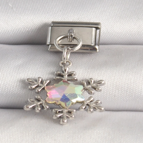 316L Çelik Gümüş Renk Hologram Mineli Kar Tanesi Model Nomination Charm