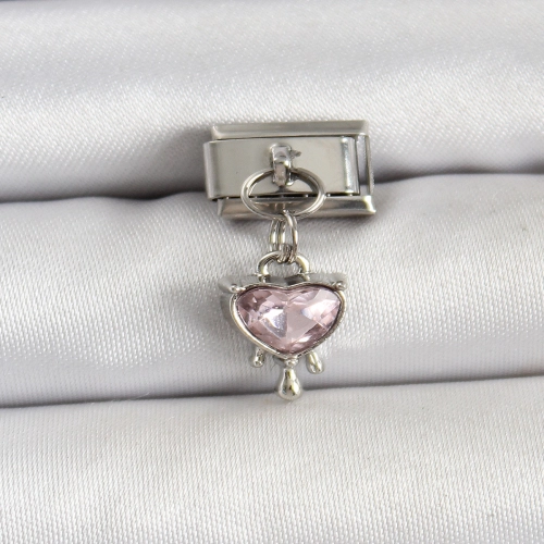 316L Çelik Gümüş Renk Pembe Kalp Model Nomination Charm