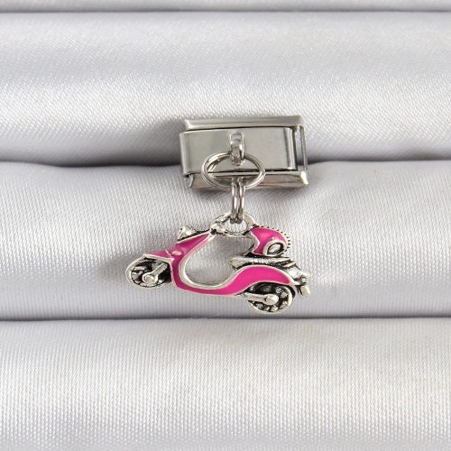 316L Çelik Gümüş Renk Pembe Scooter Model Nomination Charm