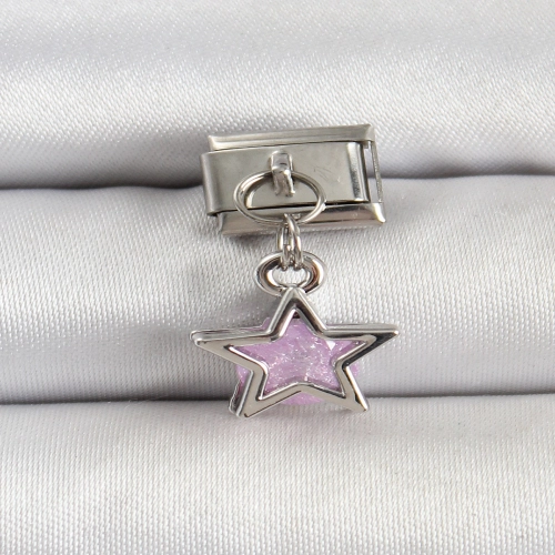316L Çelik Gümüş Renk Pembe Taşlı Yıldız Model Nomination Charm
