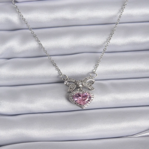 316L Çelik Gümüş Renk Zincir Pembe Kristal Kalp Zirkon Taşlı Kurdele Model Kadın Kolye