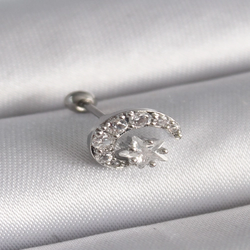 316L Çelik Gümüş Renk Zirkon Taşlı Ay Yıldız Tragus Piercing