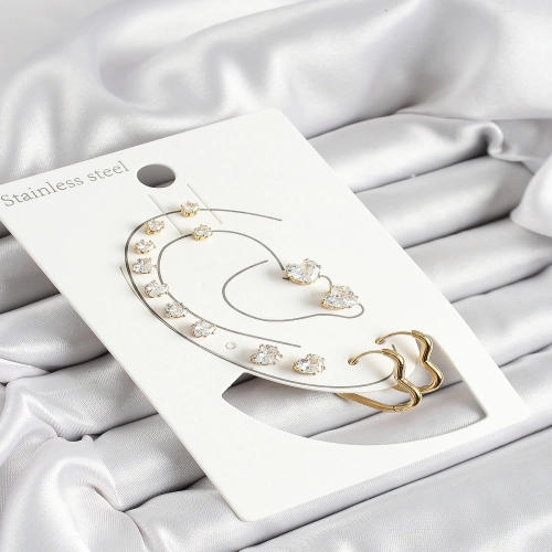 316L Çelik Kalp Figürlü Ve Zirkon Taşlı Gold Renk 7'li Çift Kadın Küpe Set