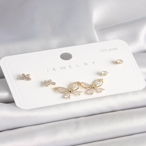 925 Ayar Çivi Gümüş Pirinç Gold Renk Zirkon Taşlı Kelebek Model Kadın Küpe Seti