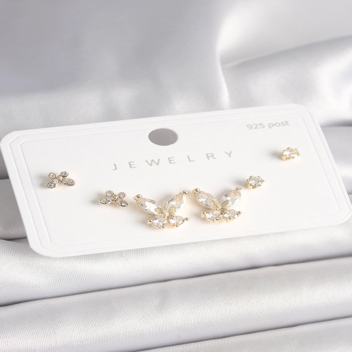925 Ayar Gümüş Çivi Pirinç Gold Renk Zirkon Taşlı Kelebek Model Kadın Küpe Seti