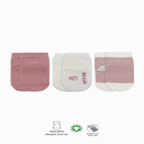 Bistyle Puanlı Kaymaz Penye Soket Çorap 3'Lü BS10108 Pudra