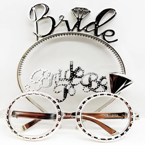 BrideYazılıTaçveBrideToBeYazılıGözlükSetiGümüşRenk