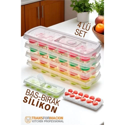 Buz Kalıbı - Bas-Bırak Kapaklı Silikon Buz Kalıbı 4 lü SET