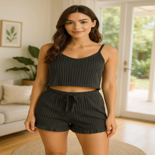 Crop Takım - Askılı Crop Takım Likralı Siyah (M)