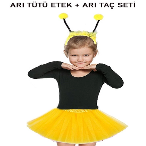 Gösteriler İçin Sarı Arı Tütü Etek ve Sarı Ponponlu Arı Taç Seti