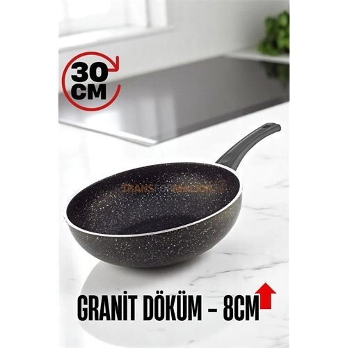 Granit Döküm 8 Cm Derin Wok Tava - Yapışmaz Wok Tava -  30 Cm