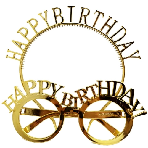 HappyBirthdayYazılıTaçveHappyBirthdayYazılıGözlükSetiAltınRenk