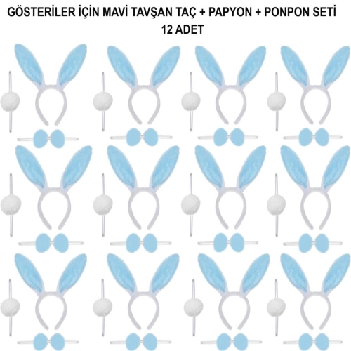 Mavi Tavşan Kostüm Seti – Taç, Papyon, Ponpon (12’li Paket)