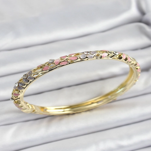 Mineli Pirinç Gold Renk Pembe Çiçek Motifli Kadın Kelepçe