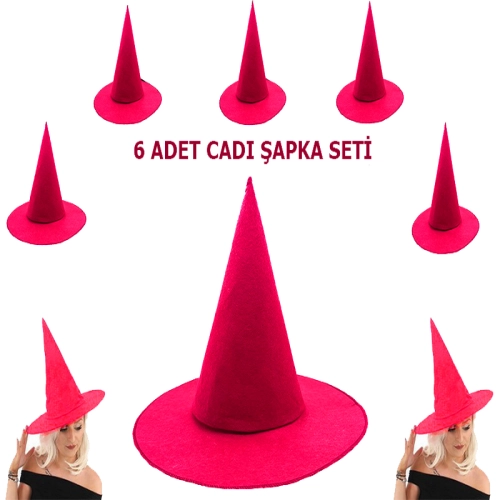   Pembe Fuşya Renk Keçe Cadı Şapkası Yetişkin Çocuk Uyumlu 6 Adet