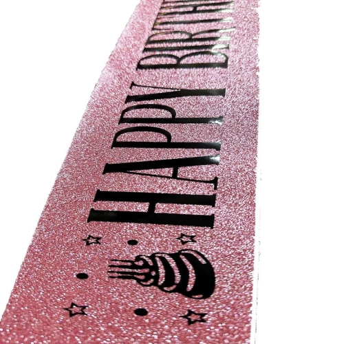 Pembe Üzeri Siyah Büyük Happy Birthday Yazılı Simli Işıltılı Kuşak Kemer 10 cm Genişlik