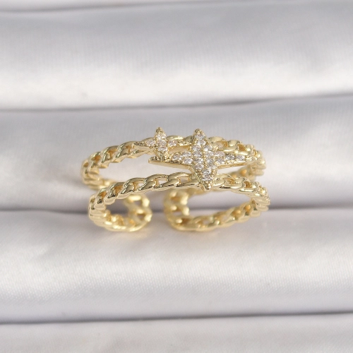 Pirinç Gold Renk 2'Li Zincir Zirkon Taşlı Yıldız Figür Kadın Yüzük