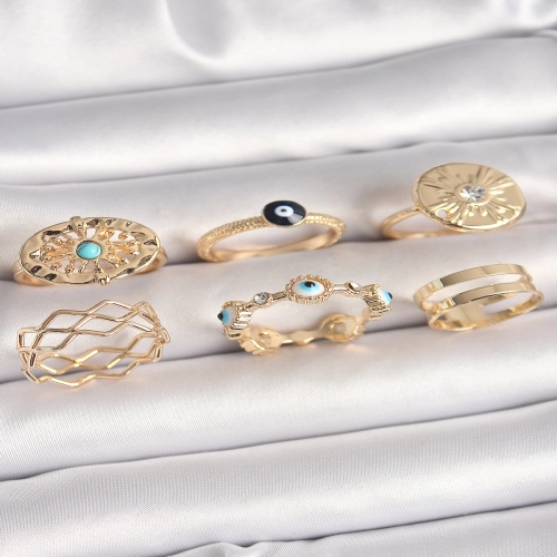 Pirinç Gold Renk Mavi Taşlı Zirkon Taş Detaylı Dalga Model Kadın Yüzük Kombini