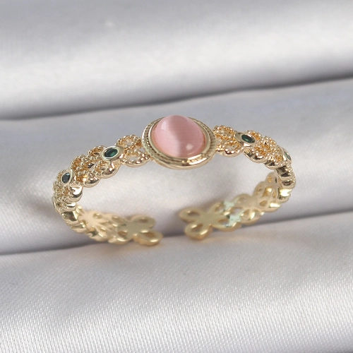 Pirinç Gold Renk Zirkon Taş Detaylı Pembe Mineli Damla Model Ayarlanabilir Kadın Yüzük