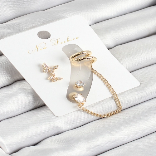 Pirinç Kelebek Figürlü Zirkon Taşlı Gold Renk 3'lü Kıkırdak Kadın Küpe Set