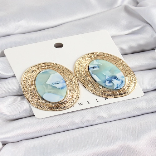 Pirinç Mermer Desenlli Mavi Sedef Oval Vintage Model Gold Renk Kadın Küpe