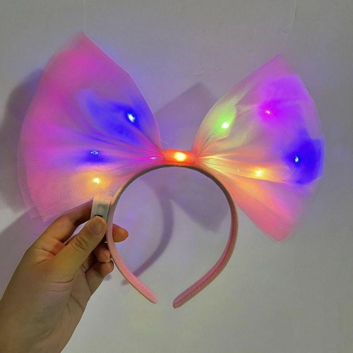   Rengarenk Led Işıklı Fiyonk Şekilli Tül Parti Tacı Pembe Renk 25x25 cm
