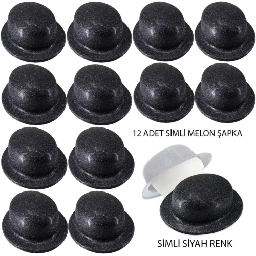   Siyah Renk Simli Melon Yuvarlak Parti Şapkası 12 Adet
