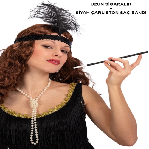 Siyah Retro Charliston Saç Bandı & Sigaralık