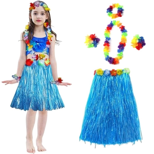 Yetişkin ve Çocuk Uyumlu Hawaii Luau Aloha Mavi Püsküllü Ete