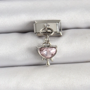 316L Çelik Gümüş Renk Pembe Kalp Model Nomination Charm