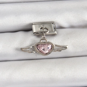 316L Çelik Gümüş Renk Pembe Kanatlı Kalp Model Nomination Charm