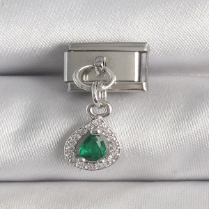 316L Çelik Gümüş Renk Sallantı Yeşil Zirkon Taşlı Damla Model Nomination Charm