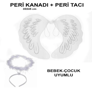 Beyaz Dantel Tüllü Peri Kanadı ve Peri Tacı Seti 45x40 cm