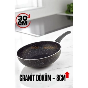 Granit Döküm 8 Cm Derin Wok Tava - Yapışmaz Wok Tava -  30 Cm