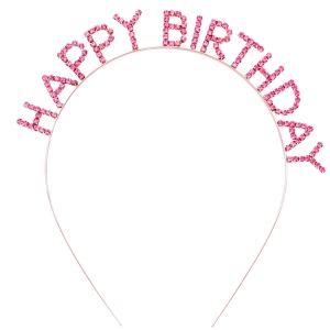 Pembe Kristal Taşlı Gold Happy Birthday Taçı