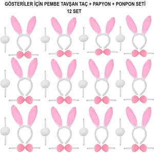 Pembe Tavşan Kostüm Seti – Taç, Papyon, Ponpon (12’li Paket)