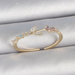 Pirinç Gold Renk Zirkon Taşlı Çiçek Model Ayarlanabilir Kadın Yüzük