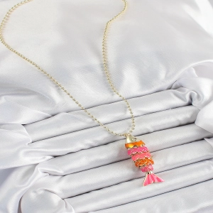 Pirinç Pembe Ve Turuncu Balık Model Zirkon Taşlı Gold Renk Kadın Kolye