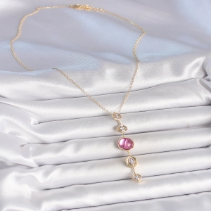 Pirinç Zincir Gold Renk Pembe Zirkon Taşlı Y Kolye