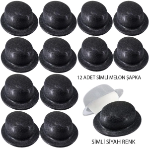   Siyah Renk Simli Melon Yuvarlak Parti Şapkası 12 Adet